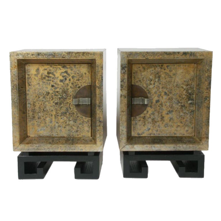 Pair of James Mont Silver and Gilt Lacquer Nightstands with Greek Key Bases