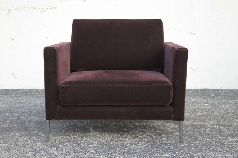 Pair of Knoll Divina lounge chair by Piero Lissoni with Eggplant mohair. Minor wear to mohair, looks nicer in person.. Arm height is 24.5 This chair was designed by Piero Lissoni in 2001.  Clean lines and exceptional comfort characterize the Divina