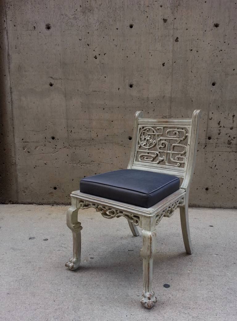 Japonica-styled side chair by
Gabriel Viardot
French
unmarked,
circa 1880
Frame: structurally stabile and able to sit on. There are three reinforced splits in back fretwork and one repaired crack to back of frame
Finish: wear on edges – adds