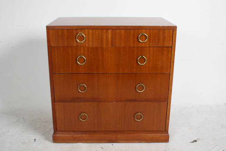 Mahogany chest of drawers with brass octagonal ring pulls, designed by Edward Wormley in late 1930s.