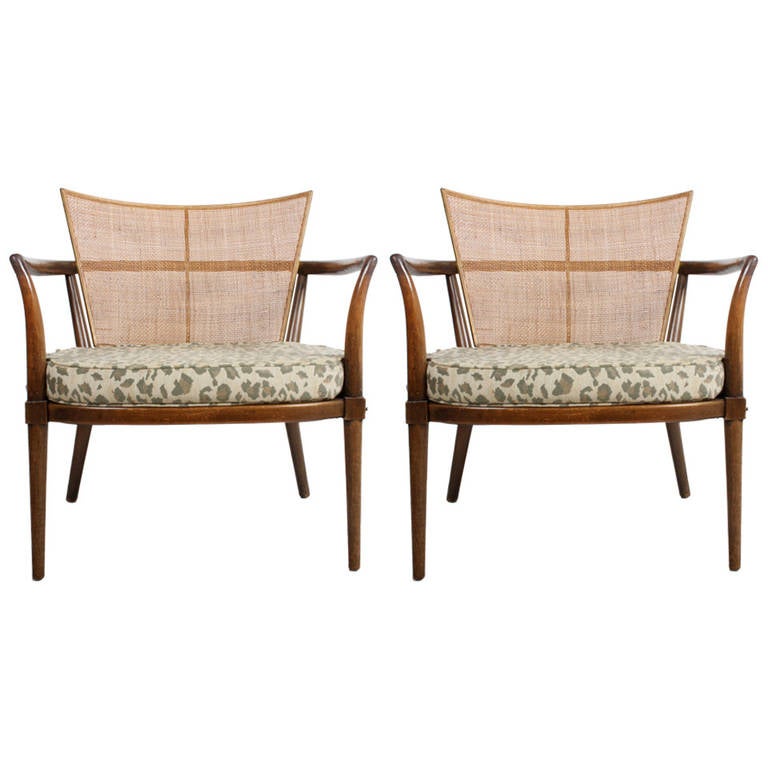 Pair of Bert England Lounge Chairs with Cane Backs For Sale at 1stdibs