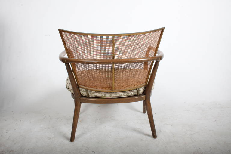 American Pair of Bert England Midcentury Lounge Chairs with Walnut, Brass and Cane Backs
