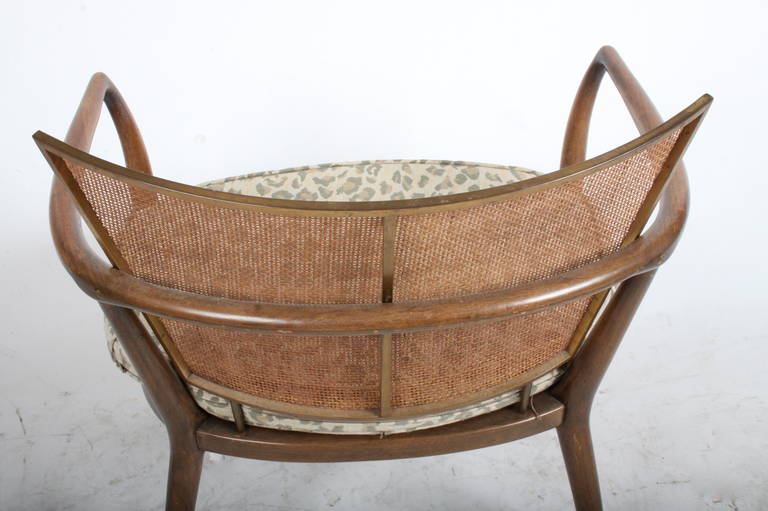 Pair of Bert England Midcentury Lounge Chairs with Walnut, Brass and Cane Backs In Good Condition In St. Louis, MO
