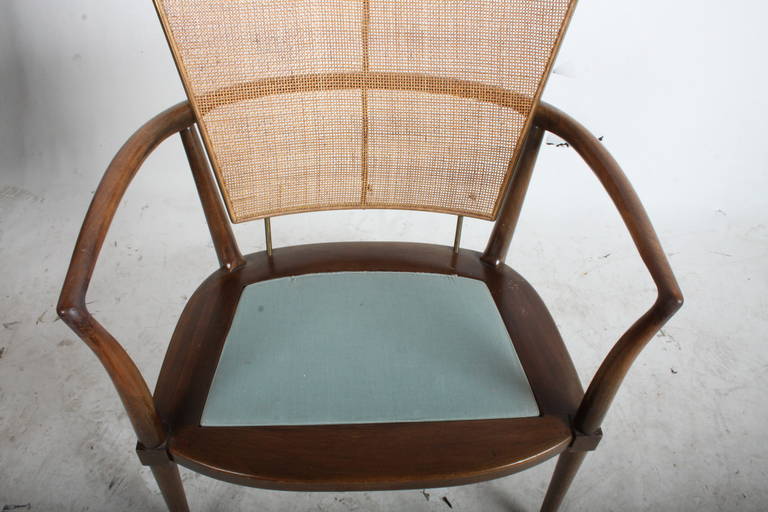 Wood Pair of Bert England Midcentury Lounge Chairs with Walnut, Brass and Cane Backs