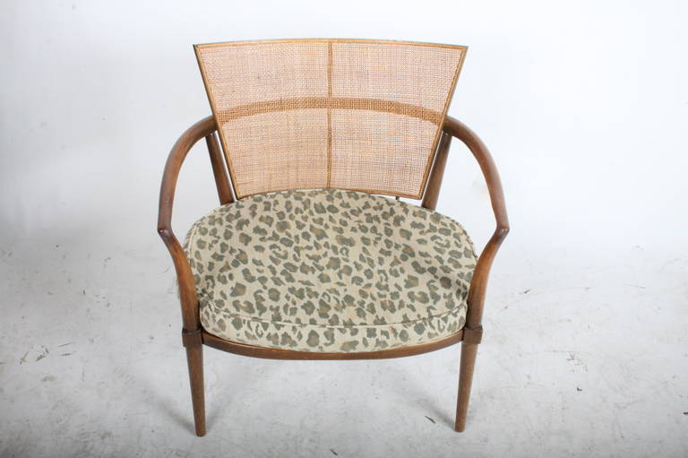 Pair of Bert England Midcentury Lounge Chairs with Walnut, Brass and Cane Backs 1