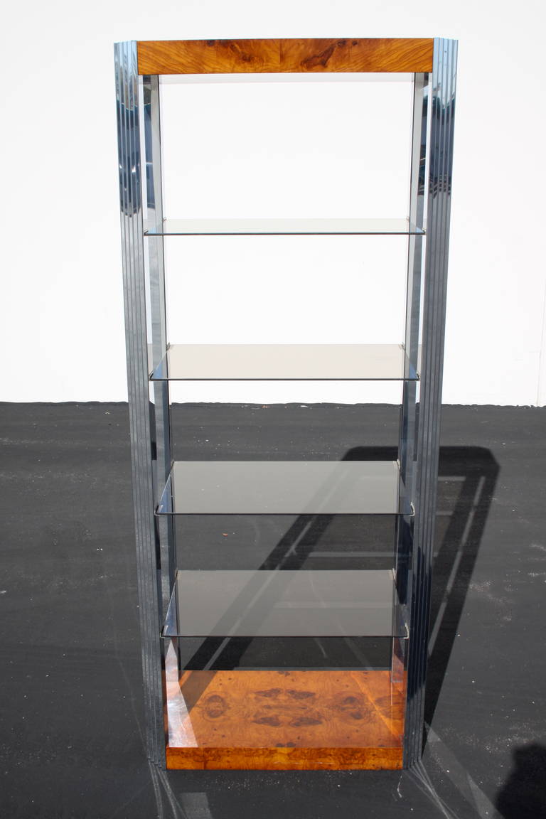 Pair of Burled Wood, Chrome and Glass Etageres