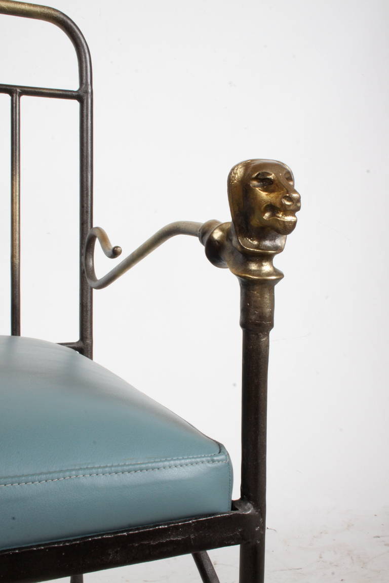 Giacometti Style Lion Head Armchair in Bronze and Iron with Blue Leather, 1970 1
