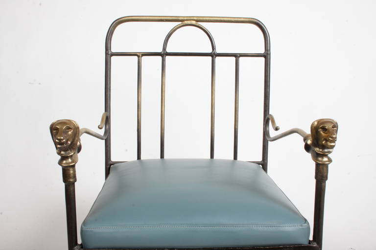 Metal Giacometti Style Lion Head Armchair in Bronze and Iron with Blue Leather, 1970