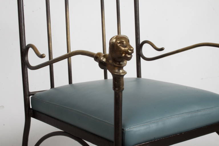 Mid-Century Modern Giacometti Style Lion Head Armchair in Bronze and Iron with Blue Leather, 1970 For Sale