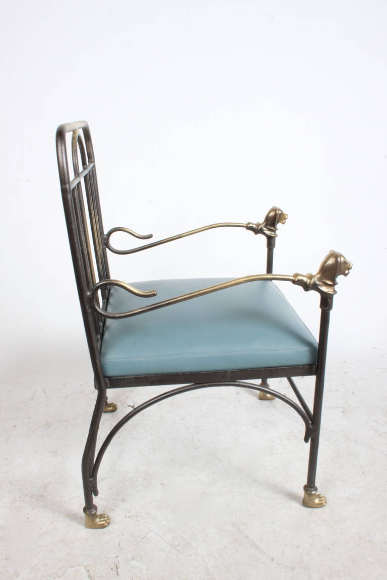 Mid-Century Modern Giacometti Style Lion Head Armchair in Bronze and Iron with Blue Leather, 1970