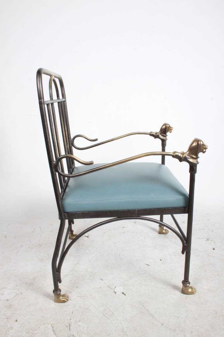 Giacometti Style Lion Head Armchair in Bronze and Iron with Blue Leather, 1970 In Good Condition In St. Louis, MO