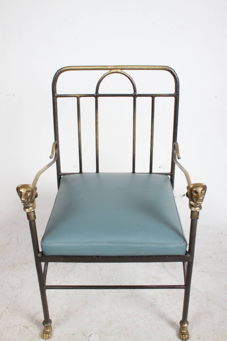 Late 20th Century Giacometti Style Lion Head Armchair in Bronze and Iron with Blue Leather, 1970