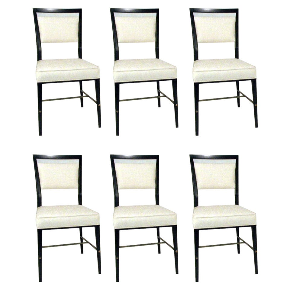 Set of Eight Paul McCobb Dining or Side Chairs with Brass Stretchers