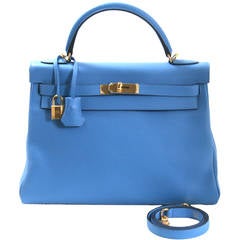 Hermès 32 cm Bleu Paradis Clemence Kelly with GHW