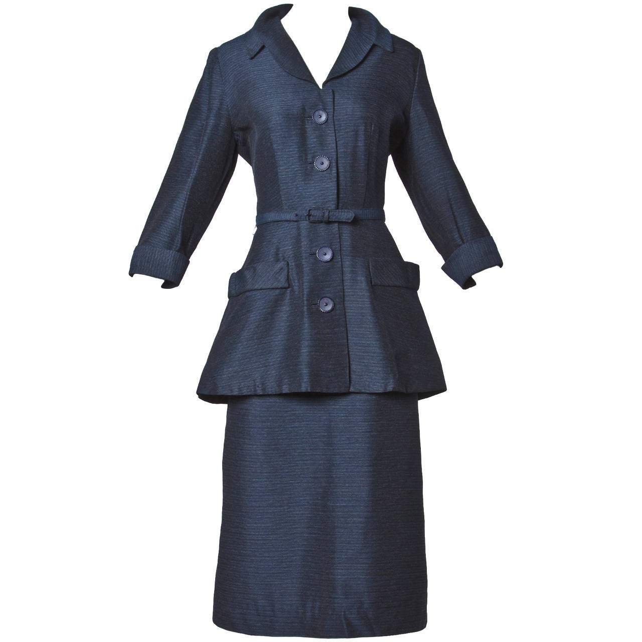Vintage 1950s 50s Navy Wool & Silk Skirt Suit 3-Pieces Ensemble en vente