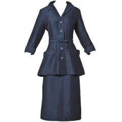 Vintage 1950s 50s Navy Wool & Silk Skirt Suit 3-Piece Ensemble