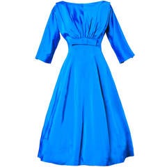 Vintage 1960s 60s Blue Satin Full Sweep Party Dress with Bow