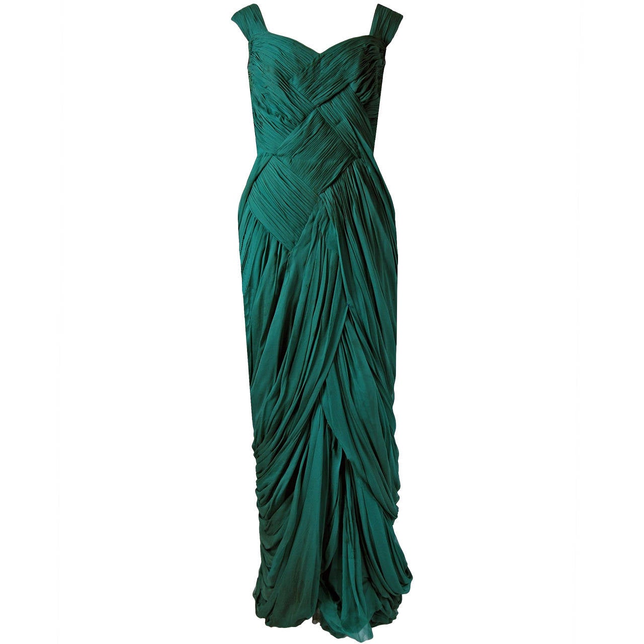 1954 Jean Desses Haute-Couture Seafoam Green Pleated Silk-Chiffon ...