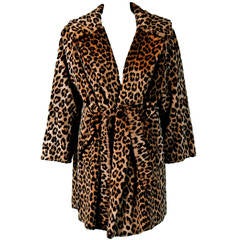 Retro 1960's Gorgeous Leopard Animal-Print Faux Fur Belted Trench Coat Jacket