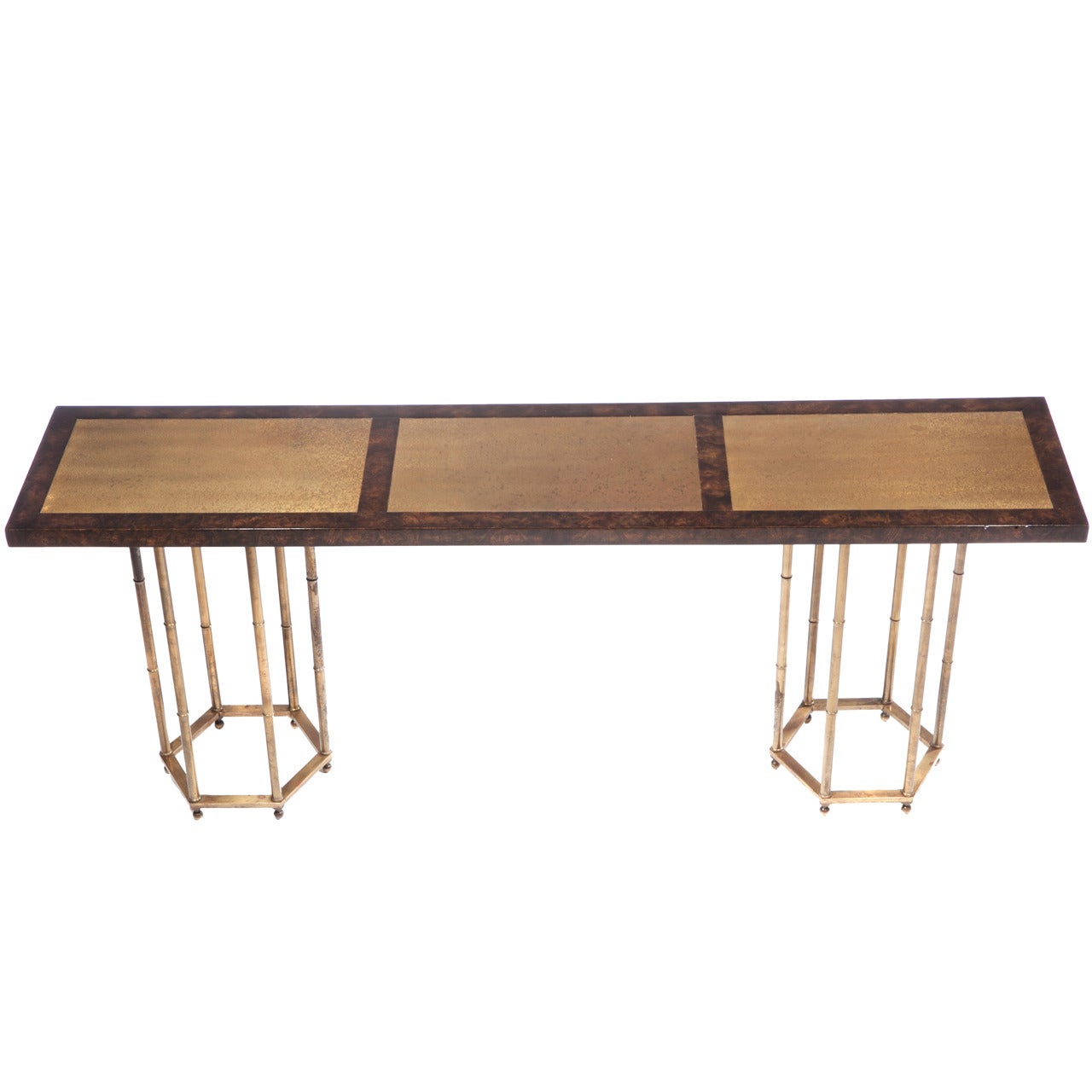 Burl and Brass Double-Pedestal Console Table For Sale