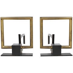 Pair of Open Square Brass and Iron Andirons