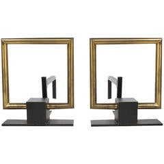 Pair of Open Square Brass and Iron Andirons