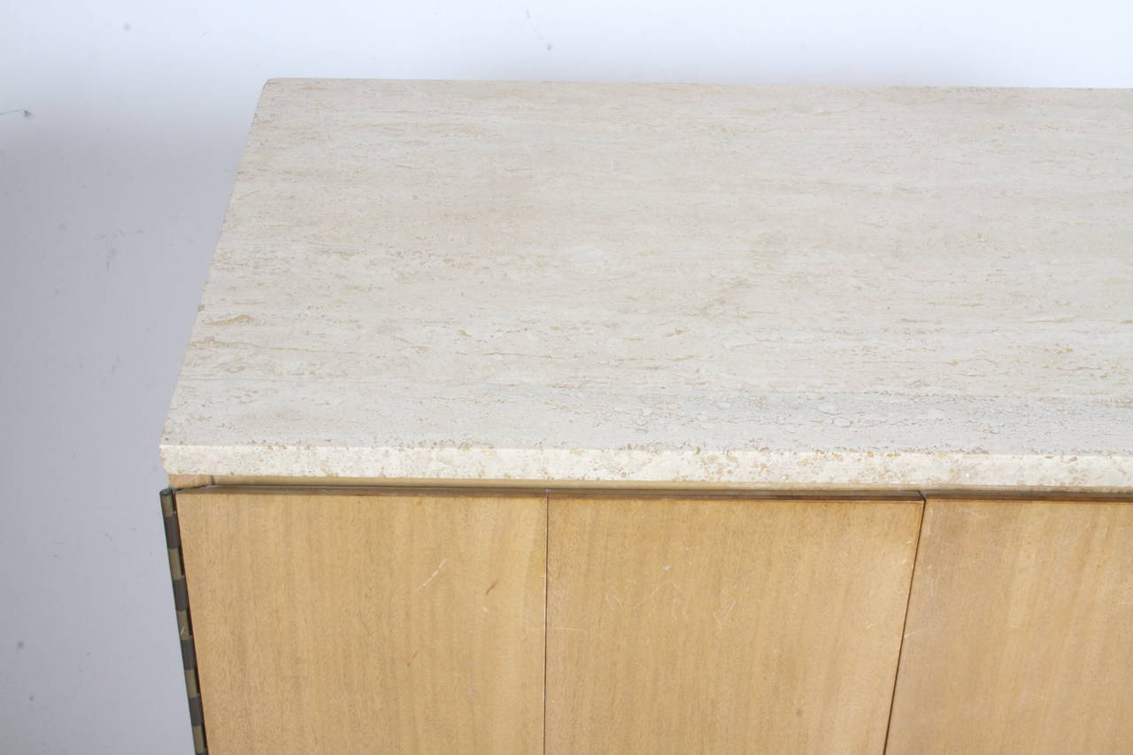 Plated Paul McCobb Accordion Door Cabinet with Travertine Top