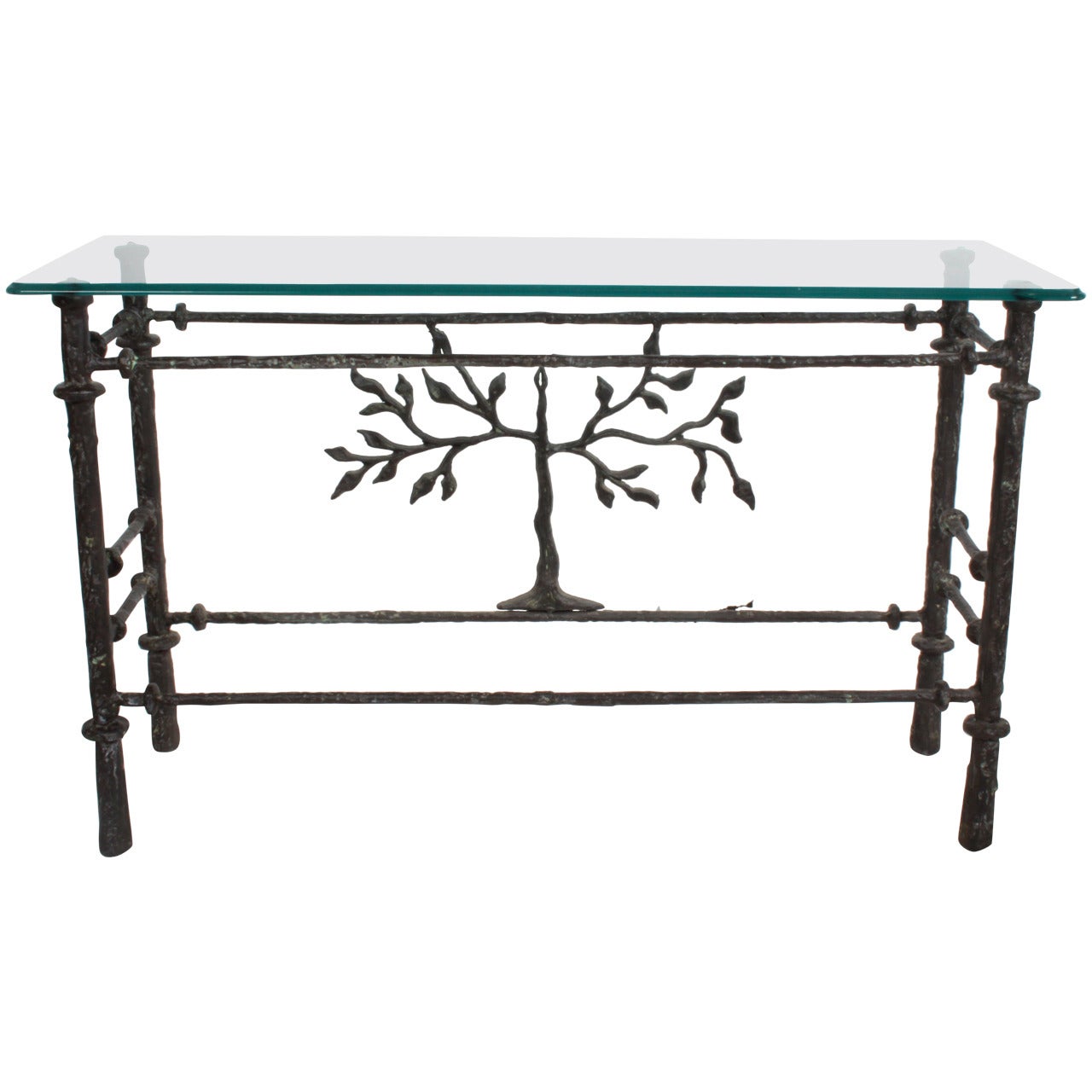 Giacometti style console table with glass top