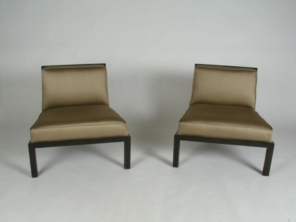 Pair of Asian modern slipper chairs with Shoji screen inspired back, dark finish on mahogany..COM 