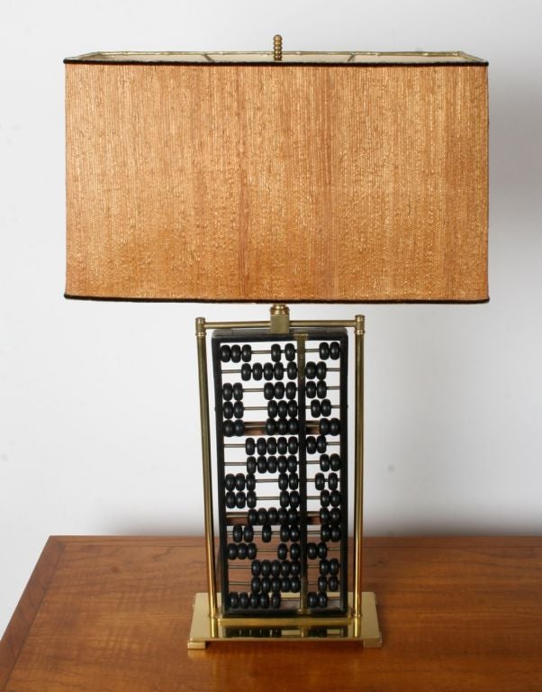 Brass and wood midcentury abacus lamp with original shade