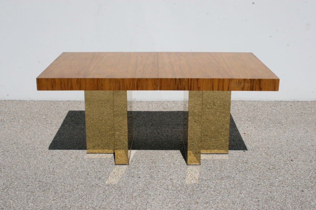 Milo Baughman exotic wood top dining table with metal clad base