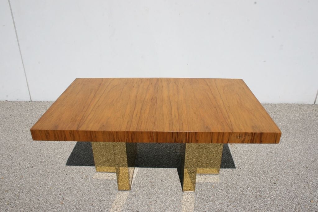Milo Baughman exotic wood top dining table with metal clad base at 1stDibs