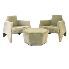 Lloyd Wright Pair of Club Chairs and ottoman