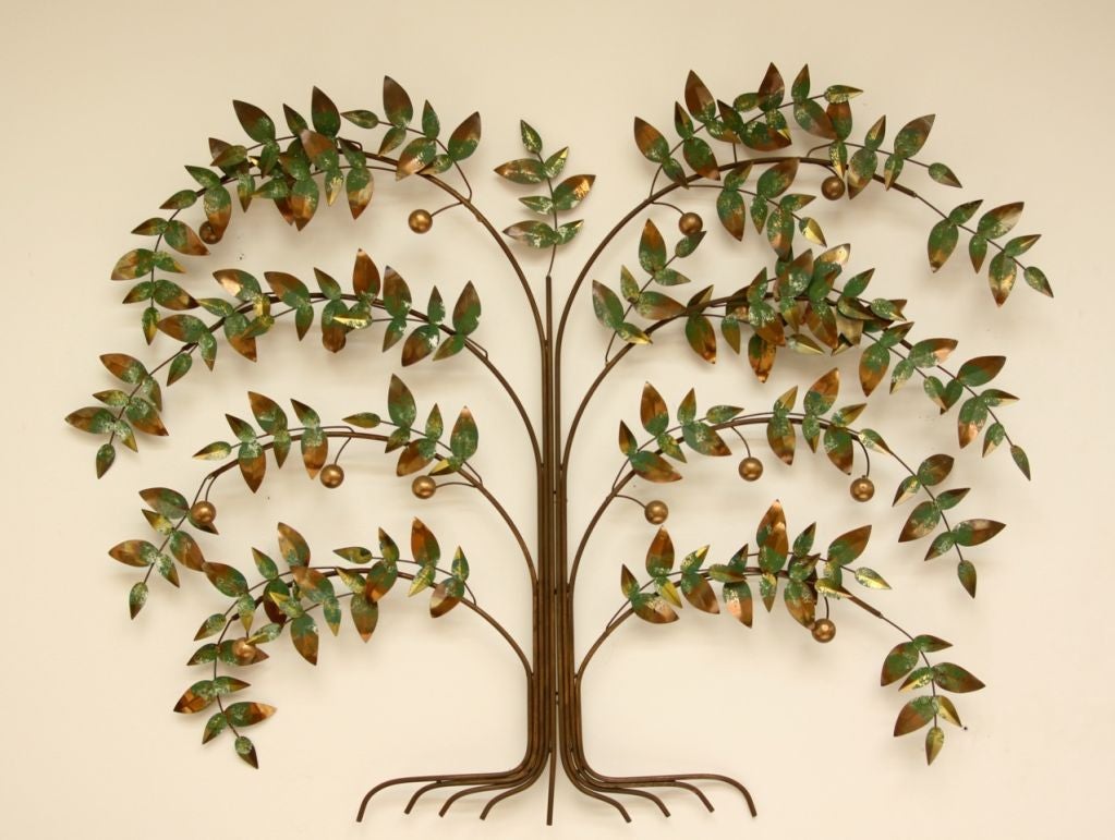 Tree of LIfe wall sculpture in copper toned metal with verdigris highlights on leaves, signed and dated 1977