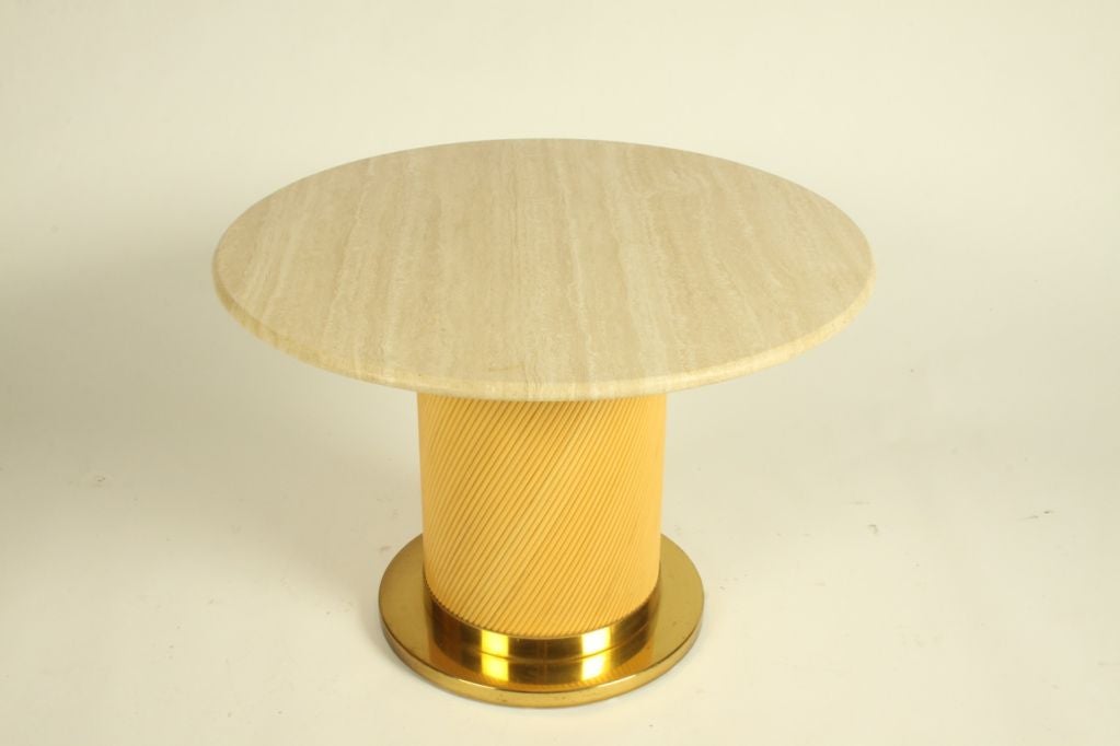 1970s Travertine Brass and Rattan Side Table by Bielecky Brothers In Excellent Condition For Sale In St. Louis, MO