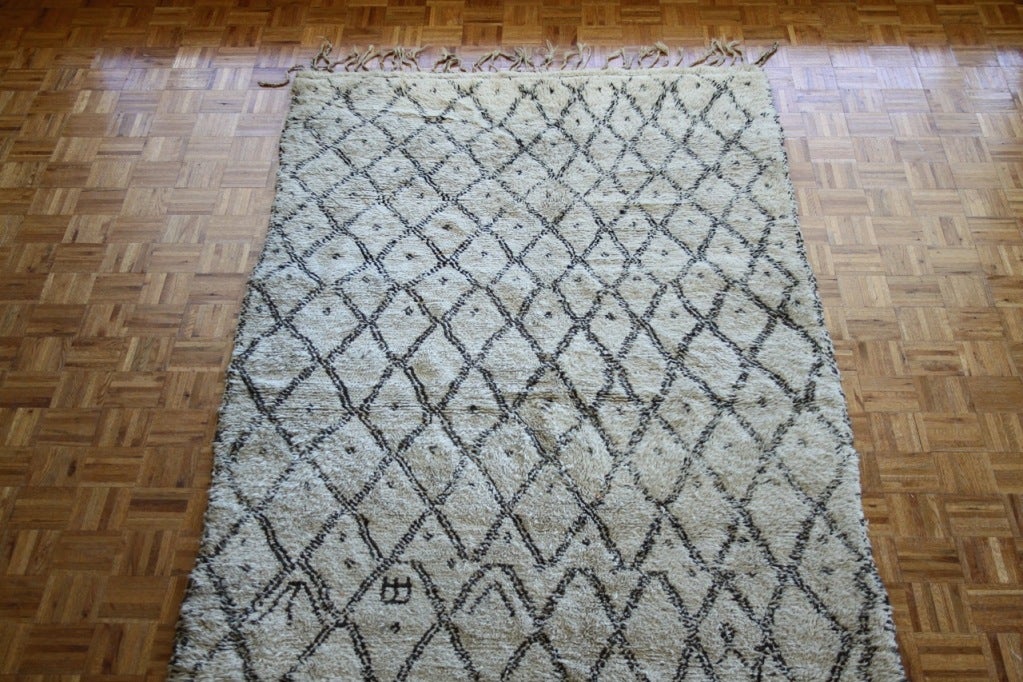Moroccan Rug in Ivory with Chocolate Brown Design In Good Condition In St. Louis, MO