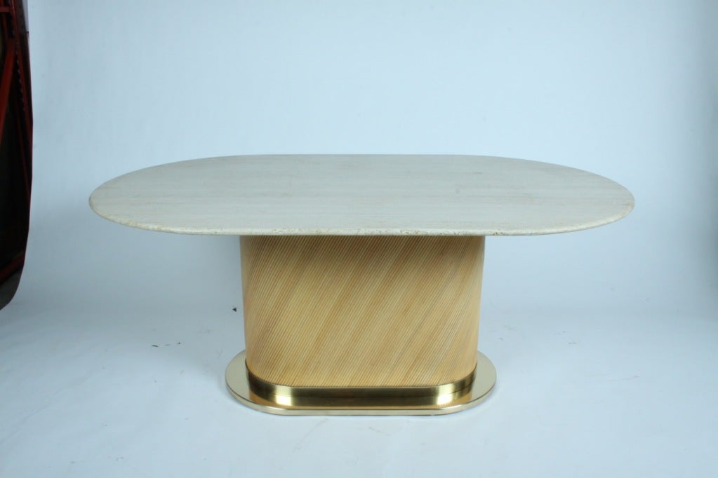 Travertine brass and rattan dining table by Bielecky Brothers In Excellent Condition In St. Louis, MO
