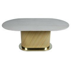 Table de salle à manger en laiton travertin et rotin de Bielecky Brothers