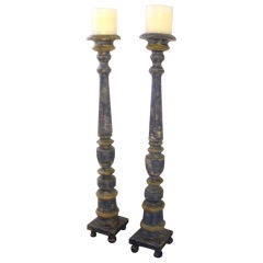 Antique Pair French Painted and Gilt Wood Prickets