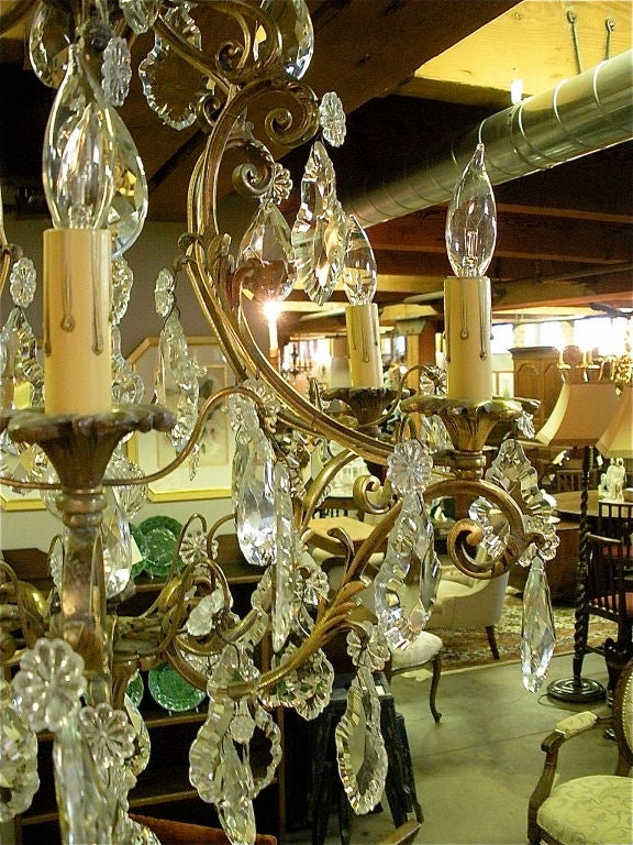 19th Century French Six Light Gilt Bronze and Crystal Chandelier