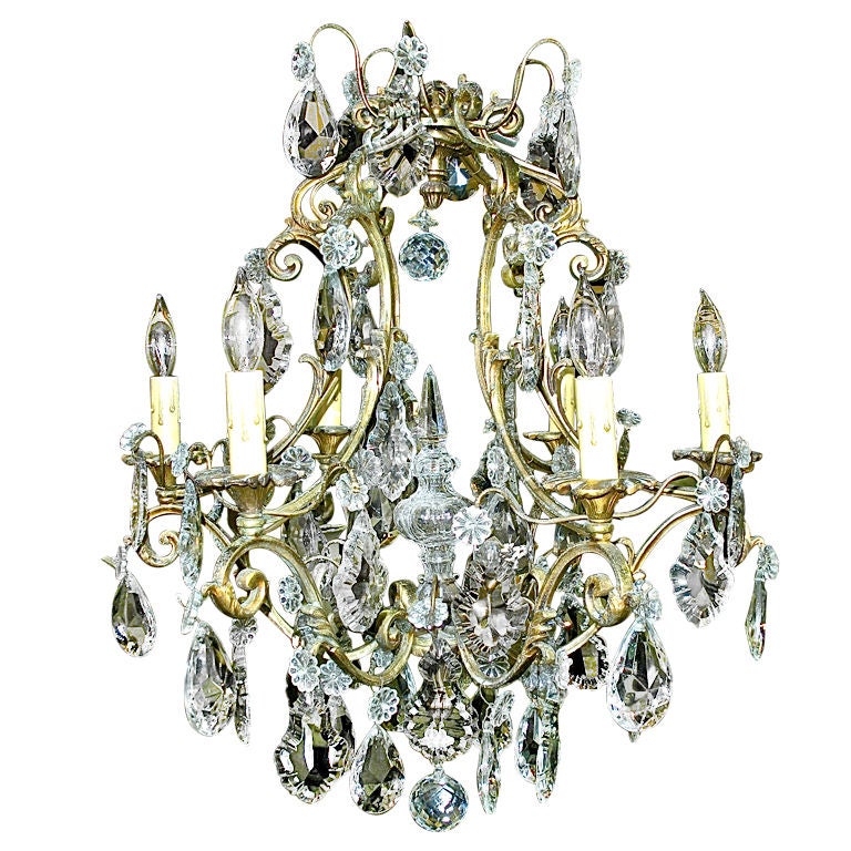 French Six Light Gilt Bronze and Crystal Chandelier