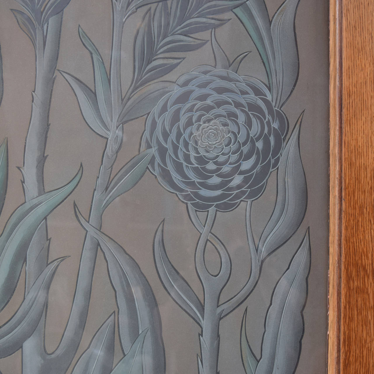 Pair of early 20th century Argentinian Art Nouveau etched glass doors. Botanical etchings with subtle blue and green paint. Signed C. Gamba, LL.