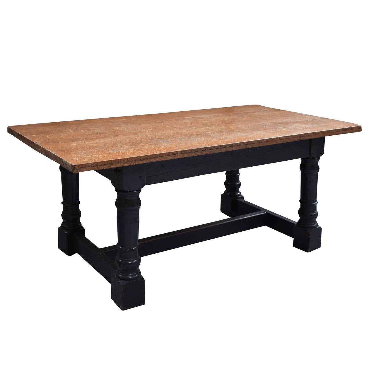 1920s quarter sawn oak table with black painted trestle base. From the dining hall of historic Fourth Presbyterian Church on Michigan Avenue in Chicago. Originally purchased from Marshall Fields by the church.