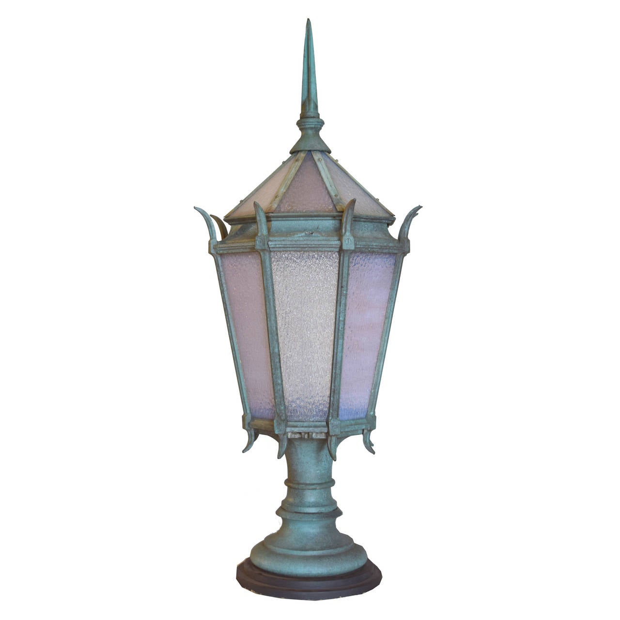 Pair of table lamps made from antique street light tops with textured glass shades and custom-made bases, circa 1930.