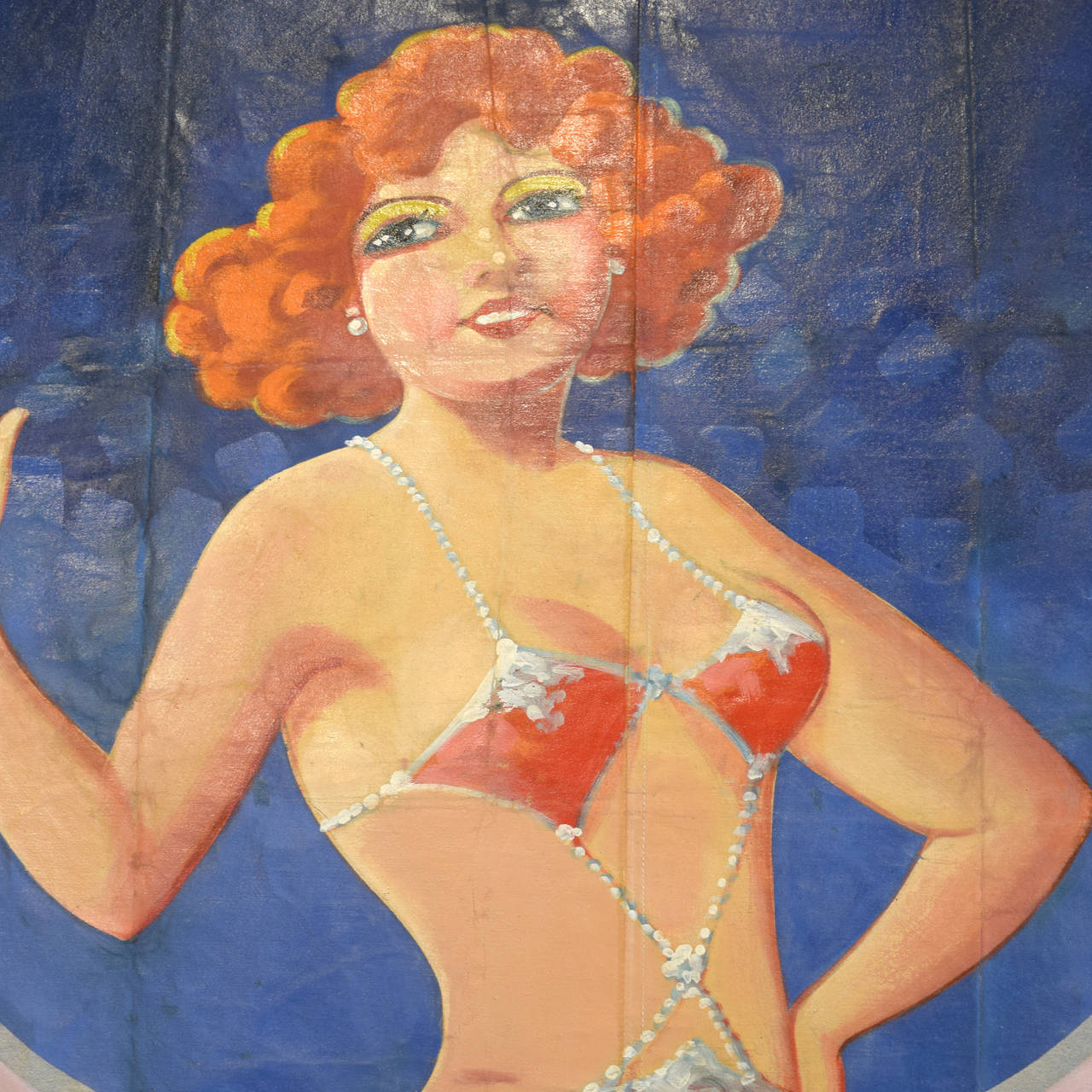 Hand painted c. 1930 American carnival banner on stretcher from a peep-show.