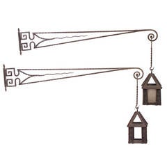 Pair of French Fer Forge Lanterns and Brackets