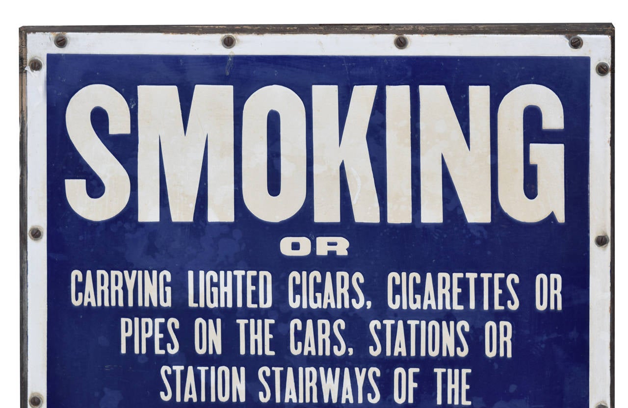 Very rare early 20th century porcelain no smoking sign from the New York City subway.