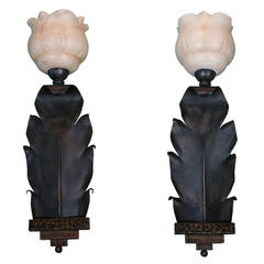 Pair of Zadounaisky Fer Forge and Alabaster Wall Sconces