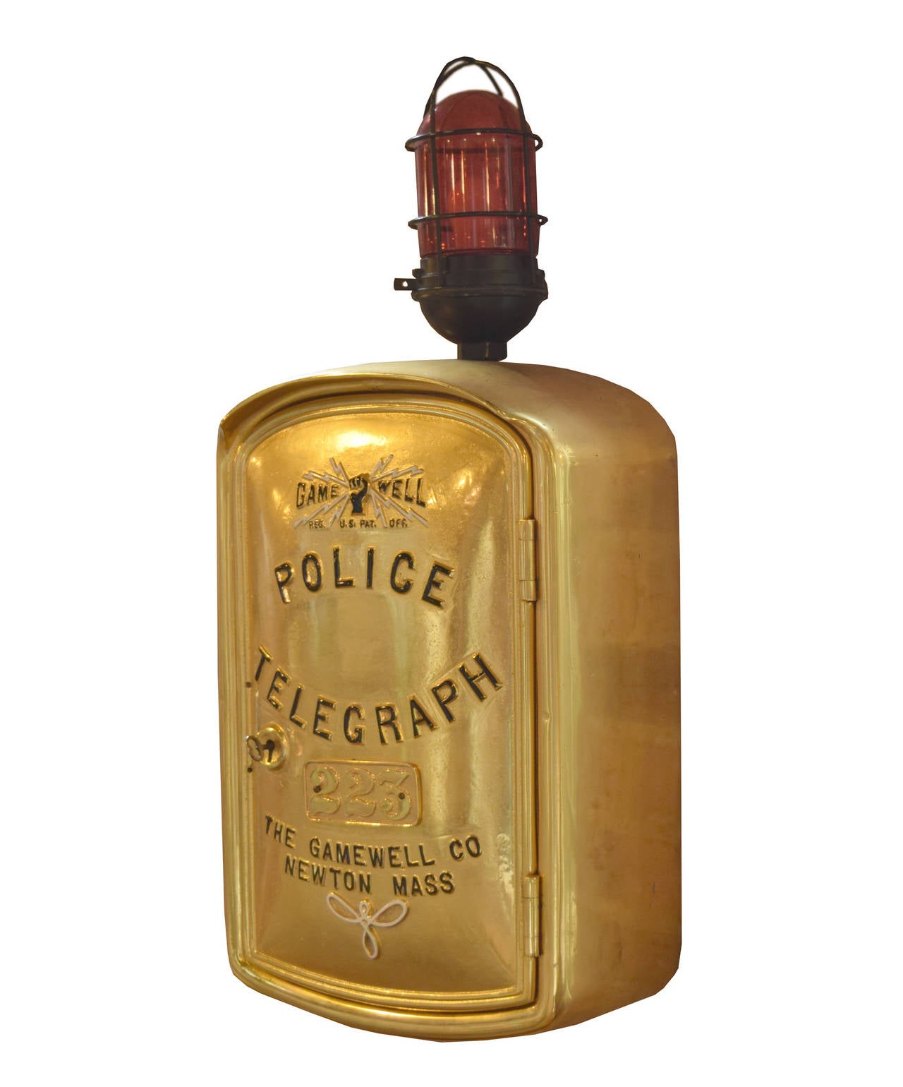 Gold plated police telegraph call box by Gamewell Co, Newton Mass in wonderful restored condition, with functioning lock and key. This police call box was gifted to a Chicago police officer upon his retirement.