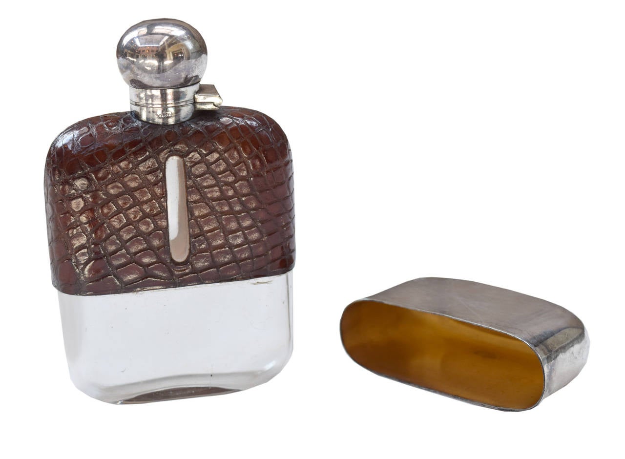 20th Century Alligator and Silver Plate Flask